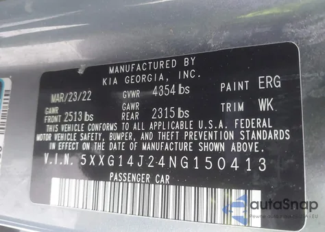 2022 Kia K5 Lxs z USA, uszkodzony, nr VIN 5XXG14J24NG150413